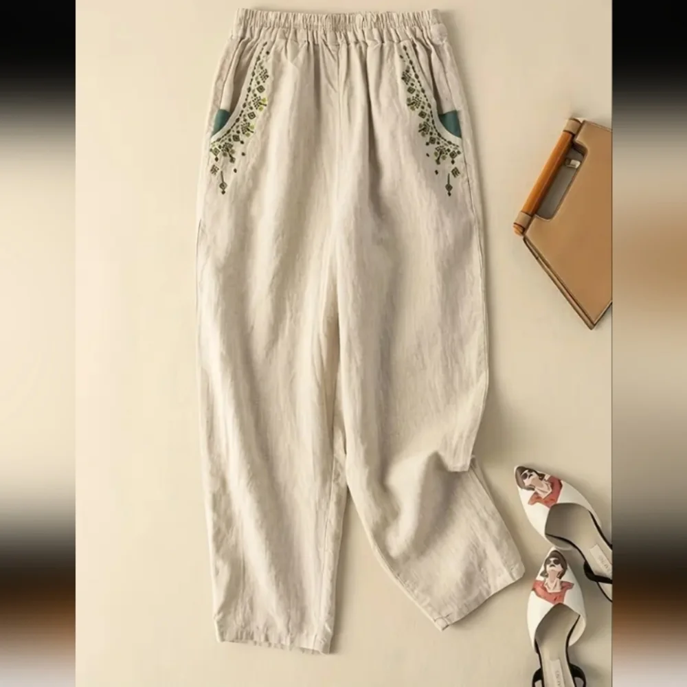 Embroidered Cream Pants - Picture 1 of 3